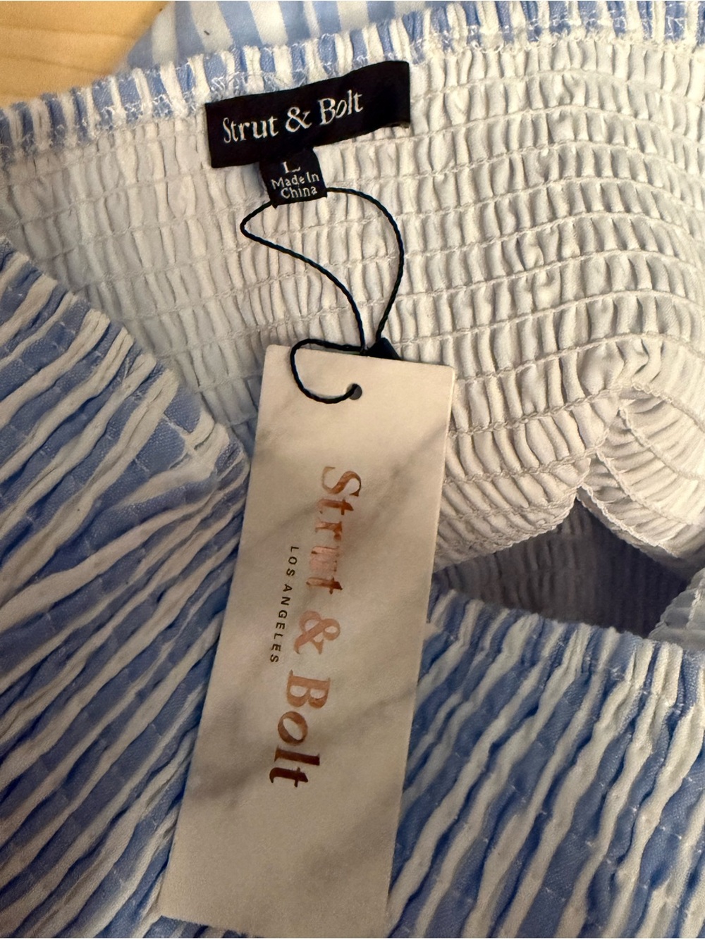 Strut and Bolt Blue and White Striped Strapless Maxi Dress Crochet Trim Size L - Picture 3 of 3